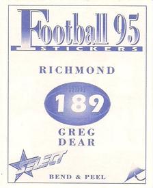 1995 Select AFL Stickers #189 Greg Dear Back